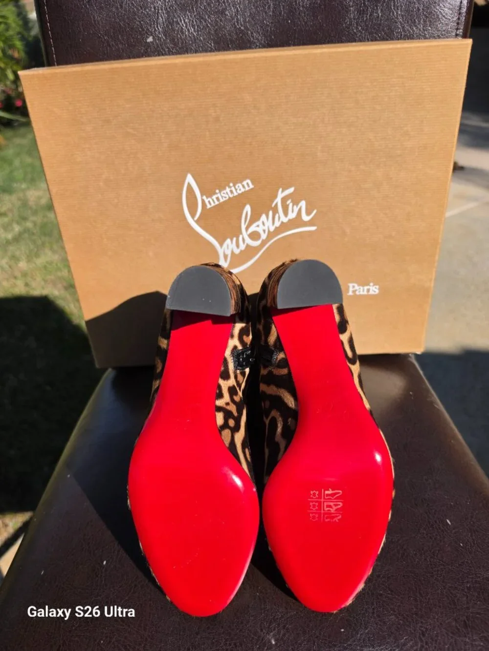 LOUBOUTIN Moulamax 85 Pony Miaou Leopard Calf Hair Booties 38 Red Sole w/ Box